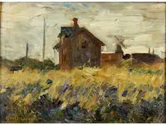 Holzhaus und Windmühle Hinter Scheunen im Weizenfeld by Isaac Israëls, oil on canvas, sold Dec 2015