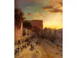 Kleine Prozession vom Kolosseum Durch Eine Bewohnte Strasse in rom by Oswald Achenbach, oil on canvas, sold Sep 2020