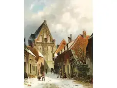 Winterliche Stadtansicht mit Kirche by Adrianus Eversen, oil on panel, offered Jun 2025