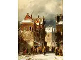 Blick in Eine Verschneite Dorfgasse mit Zahlreichen Figuren by Charles Leickert, oil, offered Dec 2015