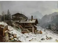 Schmiede im Winter by Heinrich Bürkel, oil on panel, sold Jun 2025