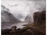 Gebirgslandschaft mit see und Steinbockherden by Gustave Paul Louis Doré, oil on canvas, sold Dec 2024