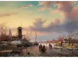 Winterlandschaft mit Schlittschuhläufern auf Einem Zugefrorenen Fluss by Jan Jacob Spohler, oil on panel, sold Jun 2023