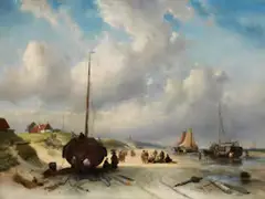 Fischer am Strand in der Nähe Eines Trockengelegten Bootes by Charles Leickert, oil on canvas, offered Sep 2023