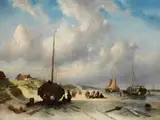 Fischer am Strand in der Nähe Eines Trockengelegten Bootes by Charles Leickert, oil on canvas, offered Sep 2023