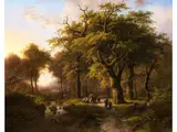 Waldlandschaft mit Figuren im Warmen Licht der Untergehenden Sonne by Johann Bernhard Klombeck, oil on canvas, sold Jun 2023