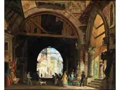 Blick auf Eine Grosse Breite Bogenarchitektur mit Darunterliegendem Marktplatz by Angelo Inganni, oil on canvas, offered Dec 2023