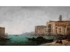 Vor Gebäudekulisse am Ufer des Canal Grande Ankernde Segelboote und Eine Prachtvolle Gondel by Félix Ziem, oil on canvas, sold Jun 2025