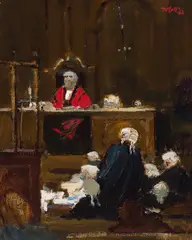 Court Scene, Old Bailey by Charles James McCall, 1968, oil on canvas board, sold Feb 2023