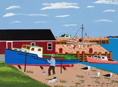 Fisherman Painting his Boat by Joseph Norris, oil on canvas, sold Feb 2023