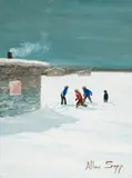 Children Playing Outside by Allen Sapp, 1987, acrylic on canvas, sold Jan 2023