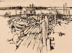 Fraser River, South Arm by Sam Black, ink on board, sold Jan 2023
