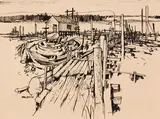 Fraser River, South Arm by Sam Black, ink on board, sold Jan 2023