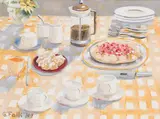 Yellow Tablecloth, Coffee & Crustata by Agatha Falk, 2009, oil on canvas, sold Jan 2023