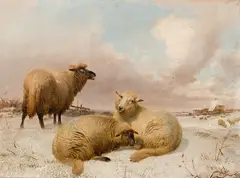 Snowy Pastures by Thomas Sidney Cooper, 1862, oil on board, sold Jun 2023