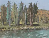 Trees by the Water by Stanley Morel Cosgrove, oil on board, sold Jun 2023