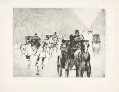 Winterliche Tiergartenallee mit Pferdedroschken by Lesser Ury, Um 1920, Kaltnadel auf Japan-Bütten, sold Jan 2025