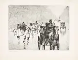 Winterliche Tiergartenallee mit Pferdedroschken by Lesser Ury, Um 1920, Kaltnadel auf Japan-Bütten, sold Jan 2025