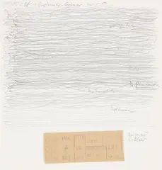 Reisezeichnung by Milan Mölzer, 1975, Bleistift und Fahrscheincollage auf Papier, unter Acrylglas montiert, sold Nov 2025