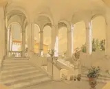 Italienisches Treppenhaus by Carl Götzloff, Aquarell mit Deckweiß und Bleistift auf gelblichem Papier, sold Nov 2014