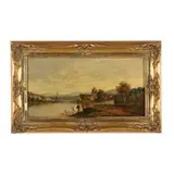 Landscape with Castle, Sailboat, and Figures by Frederick Jackson, Oil on canvas, sold Apr 2025