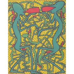 Les buveurs by Mode Muntu, 1974, Gouache sur papier carton, sold Nov 2023