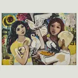 Kinder mit Blumen und Tauben by Walter Womacka, 1956, watercolor, sold Mar 2024