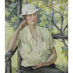 Portrait of a Woman on a Bench in a Grape Arbor by Agnes M. Richmond, 1920, oil on canvas, sold Dec 2023