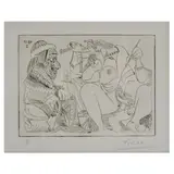 Raphaël et la Fornarina XVI: le Pape est toujours sur son pot songeur' (Tafel 311 aus der Serie 347) by Pablo Picasso, 1968, etching, sold Jun 2023