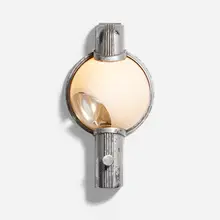 Train Car sconce by Pullman Company, c. 1930, enameled aluminum, decal on glass, sold Jan 2023