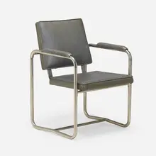 Armchair from the Wilbour Library of Egyptology, Brooklyn Museum, New York by William Lescaze, 1933, chrome-plated steel, vinyl, sold Jan 2023