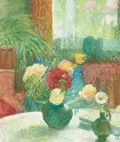 Interieur mit Blumenstillleben by Cuno Amiet, 1956, oil on board, sold Jun 2026