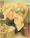 Madonna mit Kind, Johannesknaben und der heiligen Elisabeth, im Hintergrund der Genfersee by Louis Rivier, mixed media, offered Jun 2026