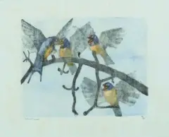 Vögel auf einem Ast by Robert Hainard, 1990, color woodcut, offered Jun 2026