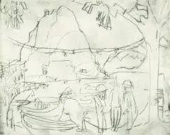 San Salvatore I, Figuren auf der Strandpromenade mit San Salvatore by Albert Müller, drypoint, sold Jun 2026