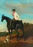 Junger Reiter auf einem Rappen, von einer kleinen Dogge begleitet by Alfred de Dreux, 1845, oil on canvas, sold Mar 2026