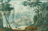 Landschaft mit Mühle, im Vordergrung zwei rastende Männer mit einem Pferd by Abraham Rademaker, watercolor, sold Mar 2026