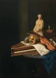 zugeschrieben Vanitas mit Musikinstrumenten, Totenkopf, Skulptur und erloschener Kerze by Horatius Paulijn, oil, sold Mar 2026