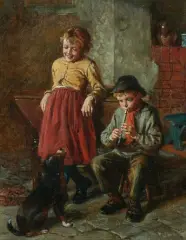 Musizierender Junge mit Mädchen und Hund by William Hemsley, oil on canvas, sold Mar 2026