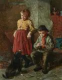 Musizierender Junge mit Mädchen und Hund by William Hemsley, oil on canvas, sold Mar 2026