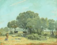 Landschaft bei Madrid mit Steineichen und weidenden Kühen by Ferdinand Hodler, 1878, oil on canvas, offered Mar 2026