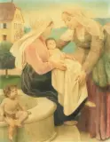 Madonna mit Kind, Johannesknaben und der heiligen Elisabeth, im Hintergrund der Genfersee by Louis Rivier, mixed media, offered Mar 2026