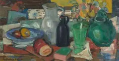 Stillleben mit Krügen und grünem Glas by Walter Helbig, 1926, oil on canvas, sold Nov 2025
