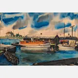 Harbor Scene by Miles Geluermen, Watercolor, offered Dec 2023