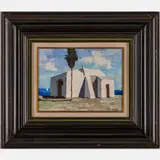 Greek Landscape with House by Manos Sofianos, Oil on artist board, offered Nov 2023