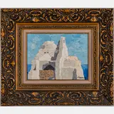 Greek Village Scene by Manos Sofianos, Oil on artist board, offered Nov 2023