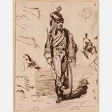 Study of a Hussar,Pen by Théodore Géricault, ink and pencil on cream wove paper,Unsigned., offered Aug 2022