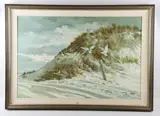 painting "Last Barrier" depicting seagulls at a beach by Carolyn Blish, oil on canvas, sold Apr 2024