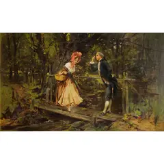 Courting on a Bridge by Leon Moran, oil on board, sold Apr 2022