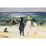 Untitled (Figures on a Beach) by Edward Henry Potthast, oil on panel, sold Apr 2022